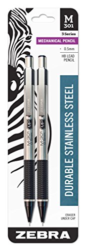 Product Cover Zebra 54012 Stainless Steel Mechanical Pencil, 0.5mm Point Size, Standard HB Lead, Black Grip, 2-Count