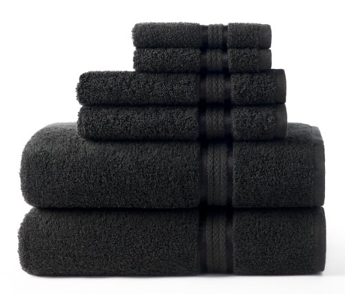Product Cover COTTON CRAFT Ultra Soft 6 Piece Towel Set Black, Luxurious 100% Ringspun Cotton, Heavy Weight & Absorbent, Rayon Trim - 2 Oversized Large Bath Towels 30x54, 2 Hand Towels 16x28, 2 Wash Cloths 12x12