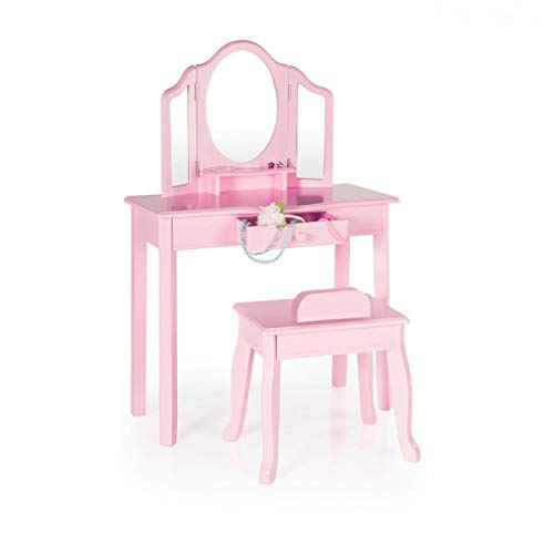Product Cover Guidecraft Vanity and Stool - Pink: Kids' Wooden Table and Storage Chair Set with 3 Mirrors and Makeup Drawer Storage - Children's Dress Up Furniture