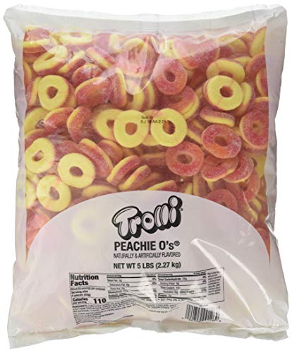 Product Cover Trolli Peachie O's Sour Gummy Rings Candy, 80 Ounce (Pack of 1) Resealable Bulk Candy Bag