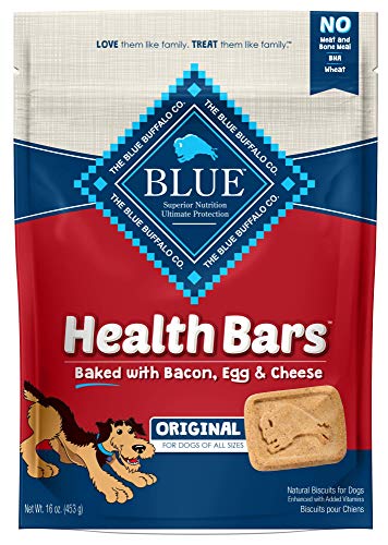 Product Cover Blue Buffalo Health Bars Natural Crunchy Dog Treats Biscuits, Bacon, Egg & Cheese 16-oz bag.