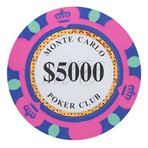 Product Cover Brybelly Monte Carlo Premium Poker Chips Heavyweight 14-Gram Clay Composite - Pack of 50 ($5,000 Hot Pink)