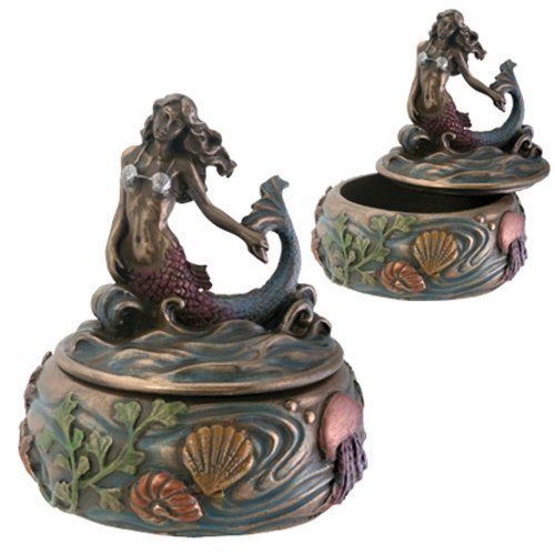 Product Cover Riding Wave Mermaid Fantasy Art Nouveau Jewelry Box with Kelp and Sea Creature Display Decoration, 3 Inches