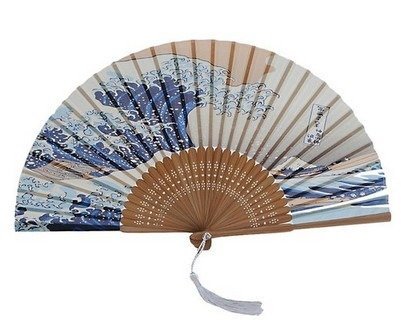 Product Cover DawningView Japanese Handmade Landscape Bamboo Silk Folding Fan, Vintage Retro Style for Women Ladys Girls (Kanagawa Sea Waves) Handheld, OneSize,