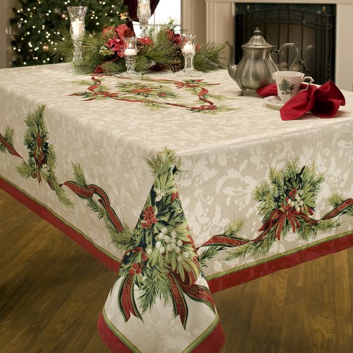 Product Cover Benson Mills Christmas Ribbons Engineered Printed Fabric Tablecloth, 60-Inch-by-84 Inch
