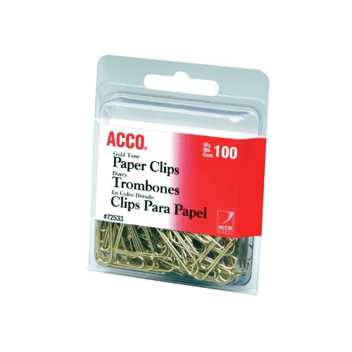 Product Cover ACCO Brands Paper Clips, Regluar, # 2 Size, Smooth, Gold, 100 Clips/Box (72533)