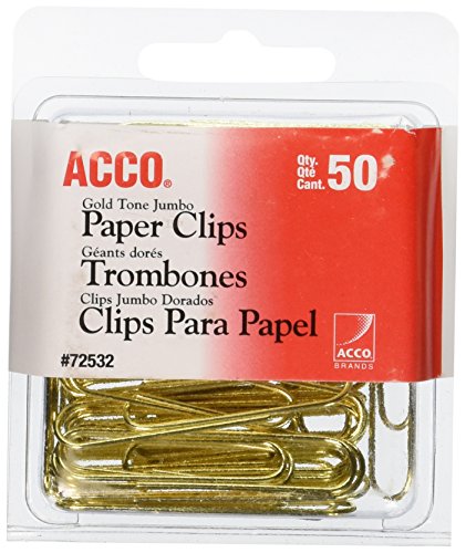 Product Cover ACCO Paper Clips, Jumbo, Smooth, Gold, 50 Clips/Box (72532)