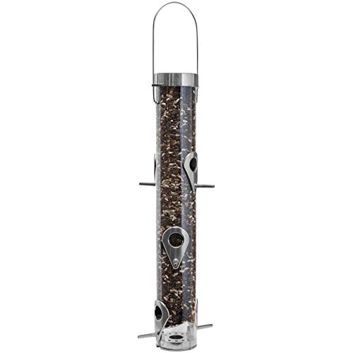 Product Cover Droll Yankees Classic Sunflower or Mixed Seed Bird Feeder, Ring Pull Advantage, 16 Inches, 6 Ports, Silver