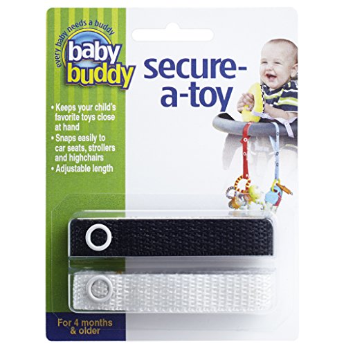 Product Cover Baby Buddy Secure-A-Toy - Straps Toys, Teether, or Pacifiers to Strollers, Highchairs, Car Seats- Safety Leash With Adjustable Length to Keep Toys Sanitary & Clean, Black/White 2 Count