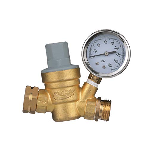 Product Cover Valterra RV Water Regulator, Lead-Free Brass Adjustable Water Regulator with Pressure Gauge for Camper, Trailer, RV Plumbing System
