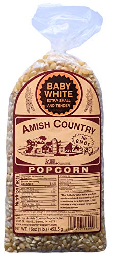 Product Cover Amish Country Popcorn - Baby White - Small & Tender Popcorn - Old Fashioned, Non GMO, and Gluten Free with Recipe Guide (Baby White, 1 Lb Bag)