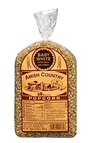 Product Cover Amish Country Popcorn - Baby White - Small & Tender Popcorn - Old Fashioned, Non GMO, and Gluten Free with Recipe Guide (Baby White, 2 Lb Bag)