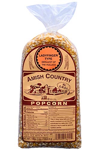 Product Cover Amish Country Popcorn - 1 Lb Ladyfinger Kernels - Old Fashioned, Non GMO, Gluten Free, Microwaveable, Stovetop and Air Popper Friendly With Recipe Guide