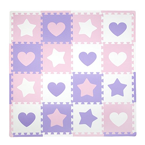 Product Cover Tadpoles Baby Play Mat, Kid's Puzzle Exercise Play Mat - Soft EVA Foam Interlocking Floor Tiles, Cushioned Children's Play Mat, 16pc, Hearts and Stars, Pink/Purple/White, 50x50