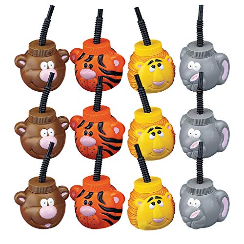 Product Cover Fun Express Zoo Animal Sippy Cups with Lids & Straws | 12 Count | Great for Children's Party, Birthday Bash, Themed Parties, Giveaways or Party Favors