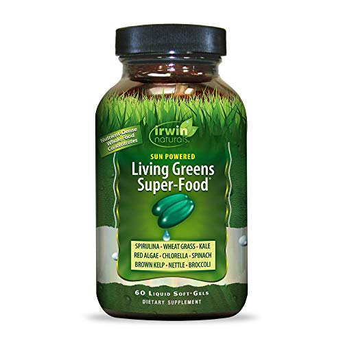 Product Cover Irwin Naturals Sun Powered Living Greens Super-Food - Whole Food Concentrates with Spirulina, Wheat Grass, Chlorella, Digestive Enzymes & More - Energizing Nutritional Supplement - 60 Liquid Softgels