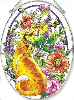 Product Cover Amia Oval Suncatcher with Cat in Summer Garden Design, Hand Painted Glass, 6-1/2-Inch by 9-Inch