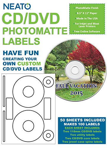 Product Cover NEATO CD Labels - DVD Labels - for Inkjet and Laser Printers - PhototMatte - Printable Photo Quality Finish - 50 Blank Sheets - Makes 100 CD or DVD Sticker Labels - CD/DVD Labeling Software Included