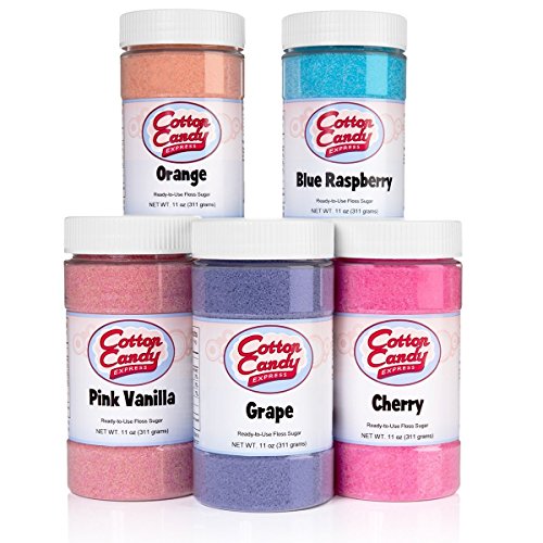 Product Cover Cotton Candy Express 5 Flavor Cotton Candy Sugar Pack with Cherry, Grape, Blue Raspberry, Pink Vanilla, Orange, 11-Ounce Jars