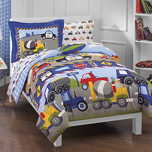 Product Cover Dream Factory Trucks Tractors Cars Boys 5-Piece Comforter Sheet Set, Blue Red, Twin