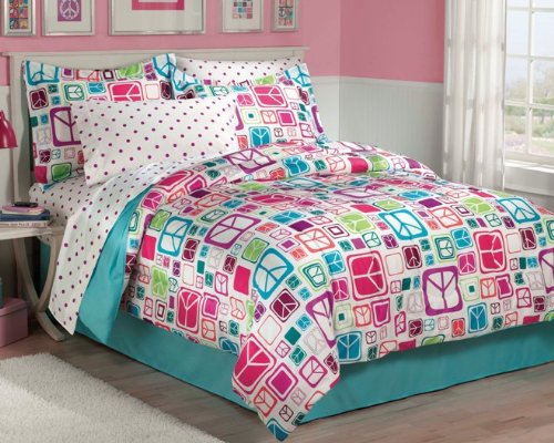 Product Cover My Room Peace Out Girls Comforter Set with Bedskirt, Teal, Twin