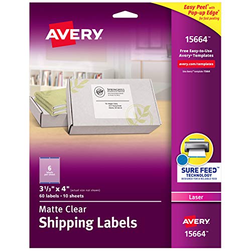 Product Cover Avery Clear Easy Peel Shipping Labels for Laser Printers 3-1/3 x 4, Box of 60 (15664)