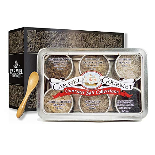 Product Cover The Infused Sea Salt Sampler - 6 Resuable Tins with Bamboo Spoon - A Gift for Everyone - Hawaiian Bamboo Jade, 5 Pepper, Garlic Medley, Rosemary, and Hawaiian Black Lava - by Caravel Gourmet