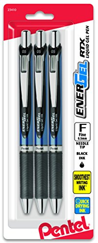 Product Cover Pentel Gel Ink Pen, EnerGel RTX Retractable Gel Pen, 0.5mm, Needle Tip, Black Ink, 3 Pen Per Pack (BLN75BP3A)