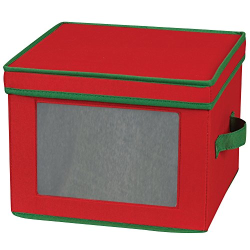 Product Cover Household Essentials 536RED Holiday China Storage Chest with Lid and Handles | Dinner Plate | Red Canvas with Green Trim