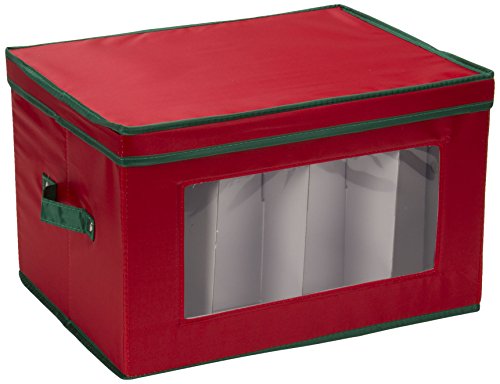 Product Cover Household Essentials Stemware Storage Box with Lid and Handles | Champagne Glasses | Red Canvas with Green Trim