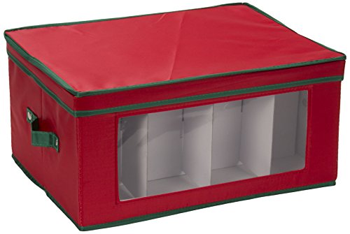 Product Cover Household Essentials 542RED Holiday China Storage Chest with Lid and Handles | Balloon Goblet Wine Glasses | Red Canvas with Green Trim, Red & Green
