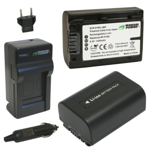 Product Cover Wasabi Power Battery (2-Pack) and Charger for Sony NP-FV30, NP-FV40, NP-FV50 and Sony DCR-SR15, SR21, SR68, SR88, SX15, SX21, SX44, SX45, SX63, SX65, SX83, SX85, FDR-AX100, HDR-CX105, CX110, CX115, CX130, CX150, CX155, CX160, CX190, CX200,