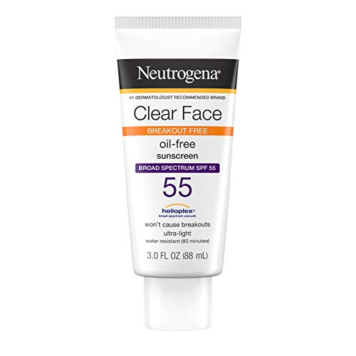 Product Cover Neutrogena Clear Face Liquid Lotion Sunscreen for Acne-Prone Skin, Broad Spectrum SPF 55 with Helioplex Technology, Oil-Free, Fragrance-Free & Non-Comedogenic, 3 fl. oz