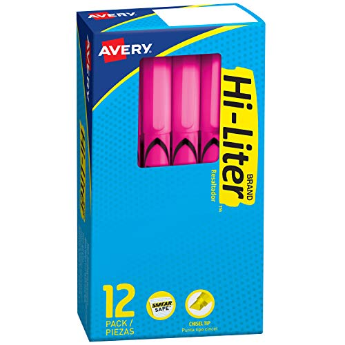 Product Cover Avery Hi-Liter Pen-Style Highlighters, Smear Safe Ink, Chisel Tip, 12 Fluorescent Pink Highlighters (23592)