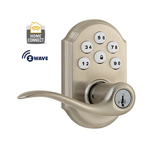 Product Cover Kwikset 912 Z-Wave SmartCode Electronic Touchpad with Tustin Lever, Satin Nickel, featuring SmartKey, Works with Alexa via SmartThings, Wink, or Iris