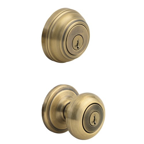 Product Cover Kwikset 991 Juno Entry Knob and Single Cylinder Deadbolt Combo Pack featuring SmartKey in Antique Brass