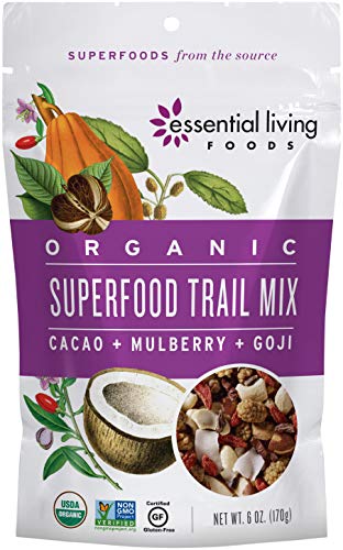 Product Cover Essential Living Foods Organic Superfood Trail Mix, Figs, Mulberries, Goji Berries, Coconut, Cashews, Brazil Nuts, Cacao Nibs, Vegan, Superfood, Non-GMO, Gluten Free, 6 Ounce Resealable Bag