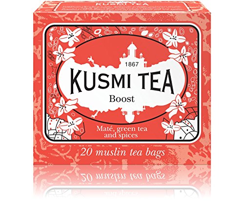 Product Cover Kusmi Tea - Boost - Soothing Green Tea Blend with Yerba Mate, Cinnamon, Cardamon, Vanilla & Ginger - All Natural Premium Loose Leaf Green Tea in 20 Eco-Friendly Muslin Tea Bags