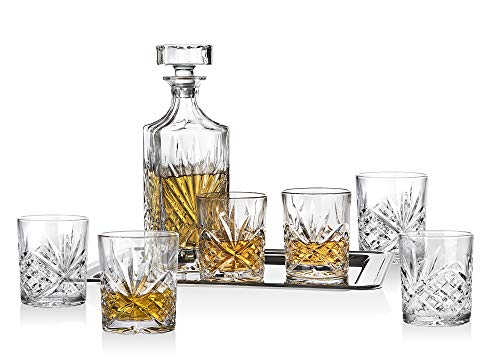 Product Cover Dublin Whiskey Bar Set - Includes Whisky Decanter, 6 Old Fashioned Tumbler Glasses and Mirrored Display Tray