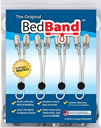 Product Cover Bed Band- White. Original Bed Sheet Holder Straps (1 Pack) - USA Company- Sheet Grippers Suspenders with Smart Cordlock Button - Adjustable Fitted Sheet Holders with Bedsheet Clips - Corner Fasteners.