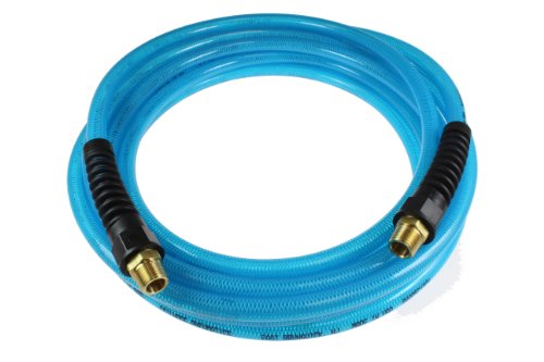 Product Cover Coilhose Pneumatics PFE40254T Flexeel Reinforced Polyurethane Air Hose, 1/4-Inch ID, 25-Foot Length with (2) 1/4-Inch MPT Reusable Strain Relief Fittings, Transparent Blue