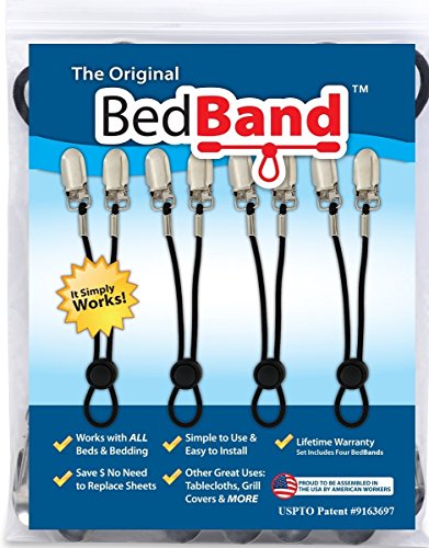 Product Cover Bed Band Not Made in China. 100% USA Worker Assembled.. Bed Sheet Holder, Gripper, Suspender and Strap. Smooth any Sheets on any Bed. Sleep Better. Patented.,Black,1 Pack (4 Bands)