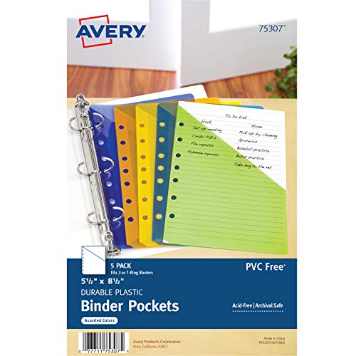 Product Cover Avery Mini Binder Pockets, Assorted Colors, Fits 3-Ring and 7-Ring Binders, Durable, 5 Slash Jackets (75307)