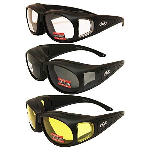 Product Cover Three (3) Pairs Motorcycle Safety Sunglasses Fits Over Rx Glasses Smoke, Clear, and Yellow Day & Night & Gun Range! Usage Meets ANSI Z87.1 Standards