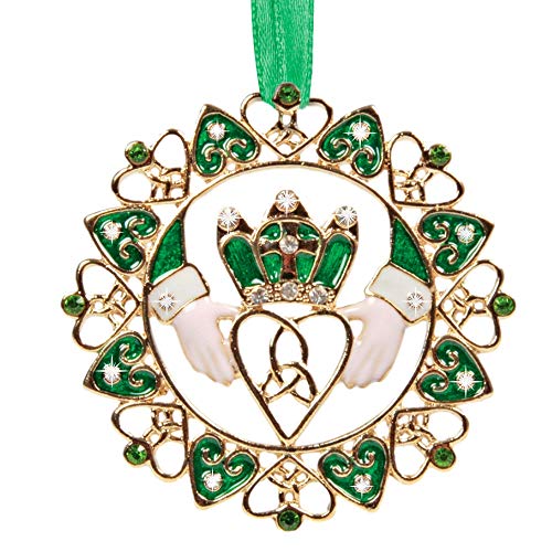 Product Cover Irish Christmas Ornament - Gold Claddagh Designs with Jewels and Enamel - Gift Boxed with Irish Saying Poem