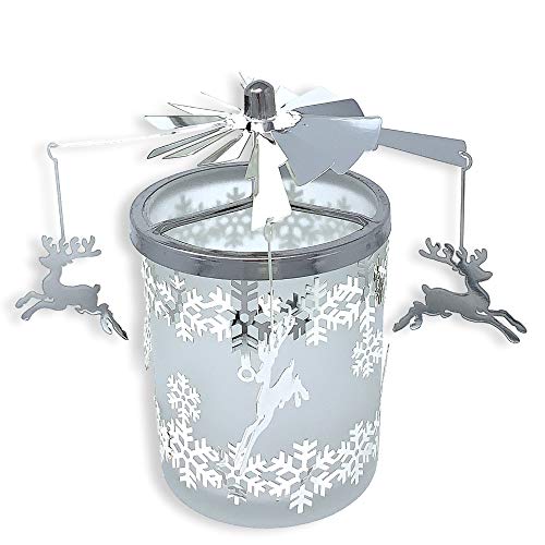 Product Cover Frosted Glass Reindeer Spinning Candle Holder - Reindeer Charms with Snowflake Designs Spin Around When Candle is Burning