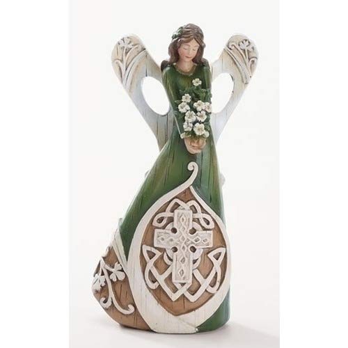Product Cover Roman Irish Angel Woodcut Look Celtic Cross 7 Inch Resin Stone Tabletop Statue Figurine