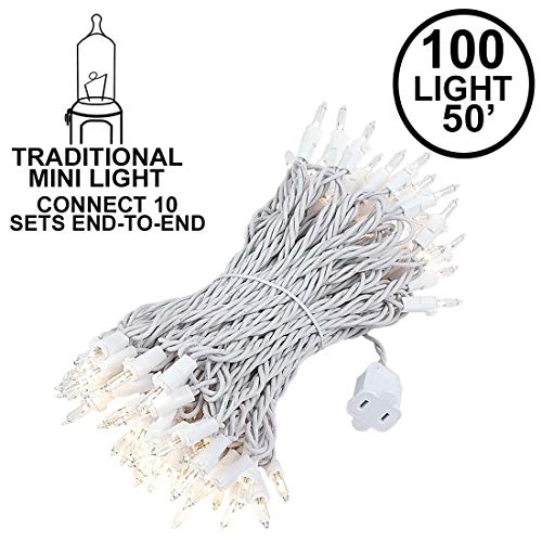 Product Cover Novelty Lights, Inc. CG100/20-W-CL Commercial Grade Heavy Duty Christmas Mini Christmas Light Set, Clear, White Wire, 100 Light, 50' Long, Connect 10 (Standard is Connect 5)