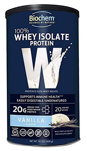 Product Cover Biochem 100% Whey Isolate Protein - Vanilla Flavor - 15.1 Ounce - Buy 1 GET 1 Free - Supports Immune Health - Easily Digestible - Refreshing Taste - 20g Vegetarian Protein - Amino Acids