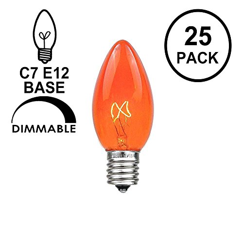 Product Cover Novelty Lights 25 Pack C7 Outdoor String Light Christmas Replacement Bulbs, Amber, C7/E12 Candelabra Base, 5 Watt
